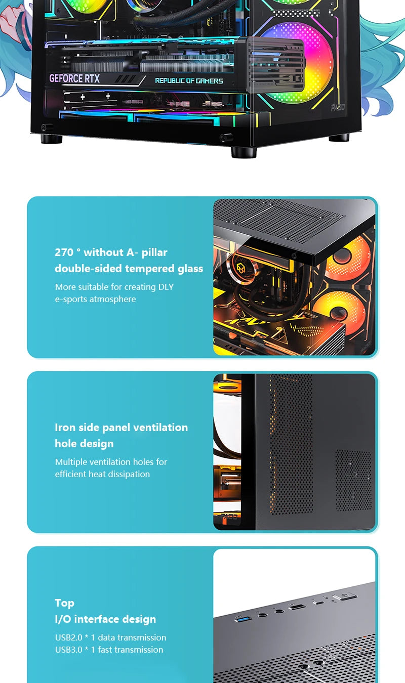 PADO YL M-ATX Gaming PC Case Desktop 270° Sea View Room Computer Case Without A-pillar Double-Sided Transparent PC Gamer Cabinet