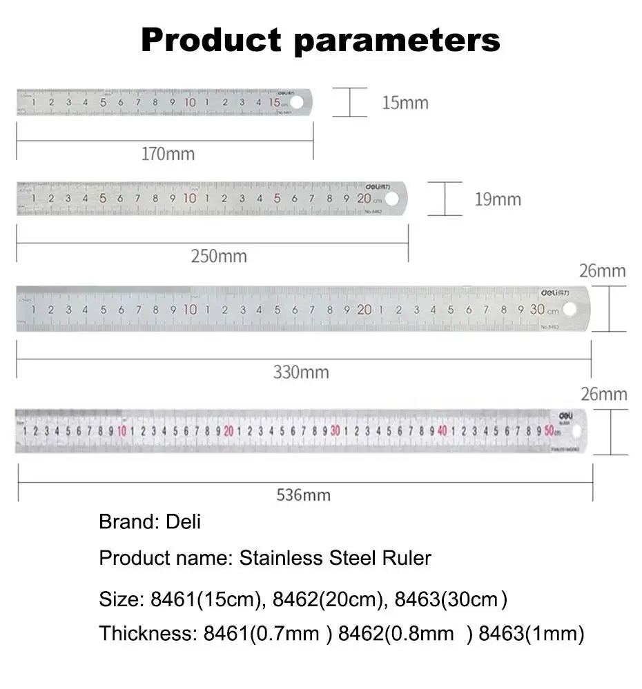 Deli Stainless Steel Ruler 15/20/30cm Metal Straight Ruler for Home School Precision Measuring Drawing Tool Supplies