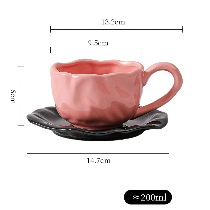 200ml Black Red Macaroon Creative Hand Squeezed Pinched Ceramic Coffee Mug Cup With Saucer For Cafe Restaurant Table Decor 1 PC