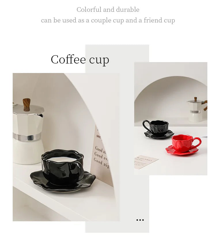 200ml Black Red Macaroon Creative Hand Squeezed Pinched Ceramic Coffee Mug Cup With Saucer For Cafe Restaurant Table Decor 1 PC