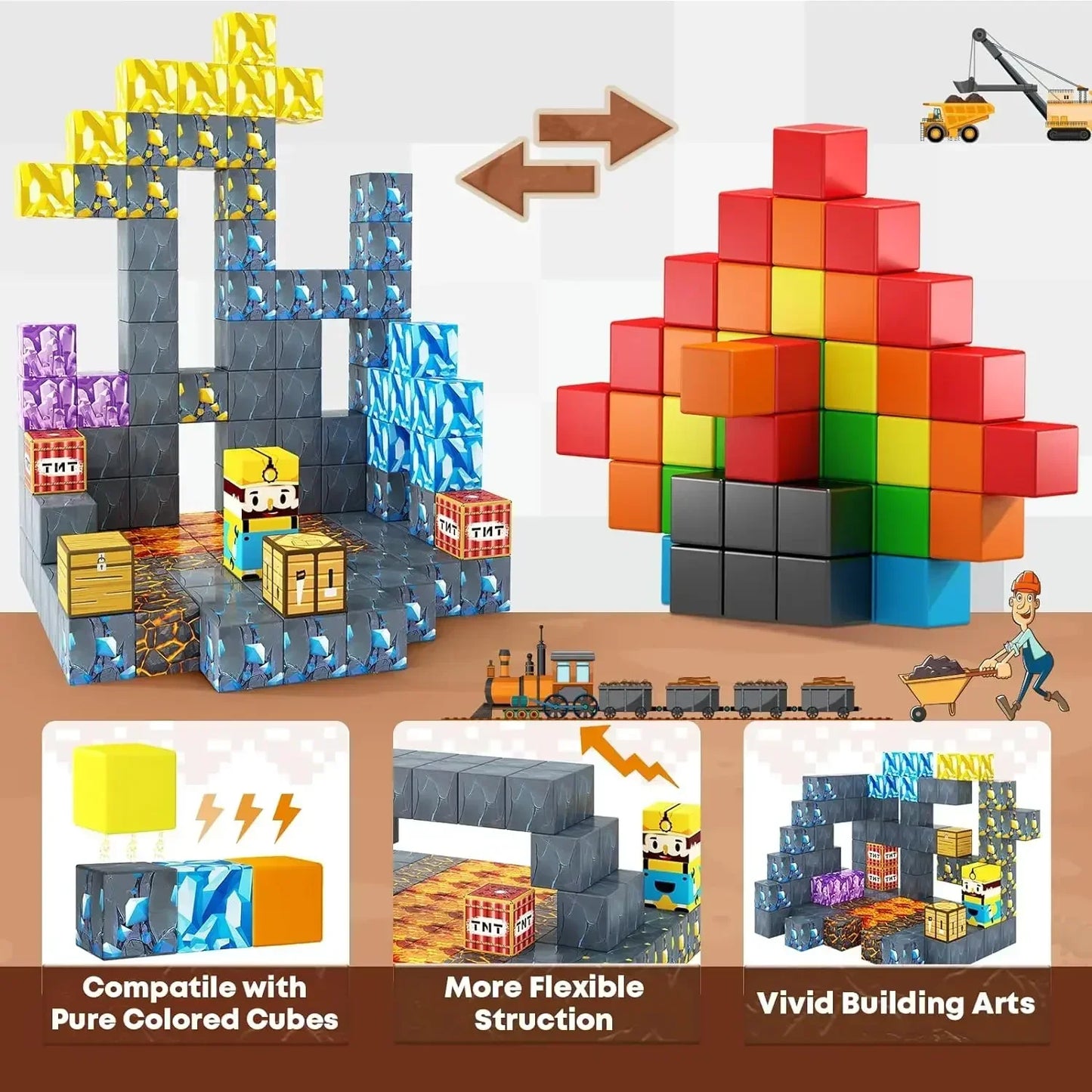 Magnetic Building Blocks Mine World Magnet Cube for Stacking Construction Set Educate Sensory Toys Kids Boys Girls Ages 3+ DIY