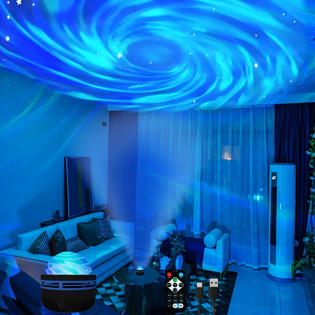 Starry Sky Galaxy Lamp Projector LED Night Light Remote Control Sound Active 5V USB Charging 7 Modes for Kids Room Party Decor