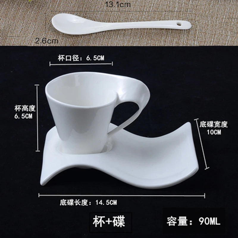 European Wave Porcelain Coffee Cup and Saucer Set White Ceramic Coffee Cup Breakfast Cup with Saucer Modern Home Decoration