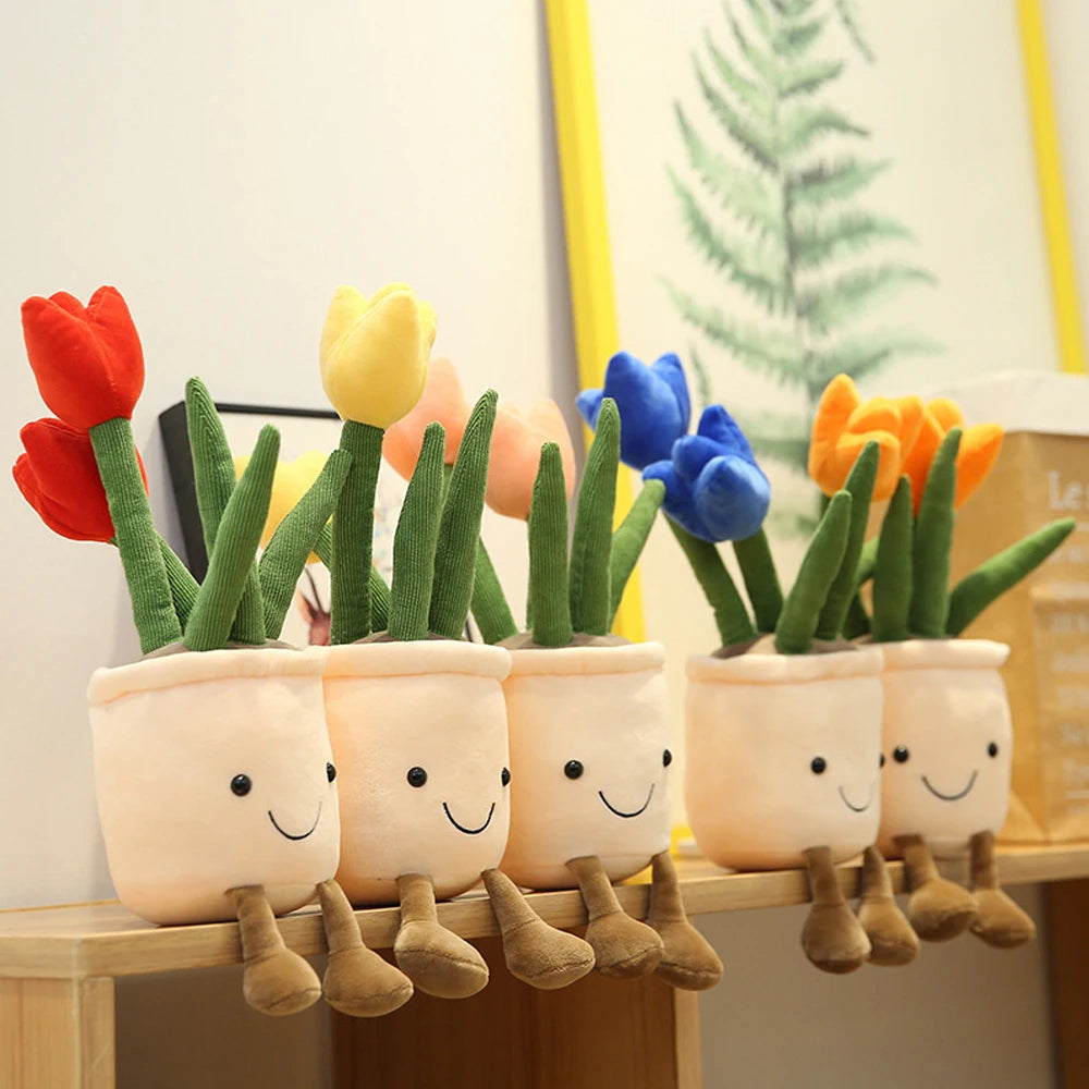 Lifelike Tulip Succulent Plants Plush Stuffed Decoration Toy Soft Decor Doll Potted Flowers Pillow for Girls Gift