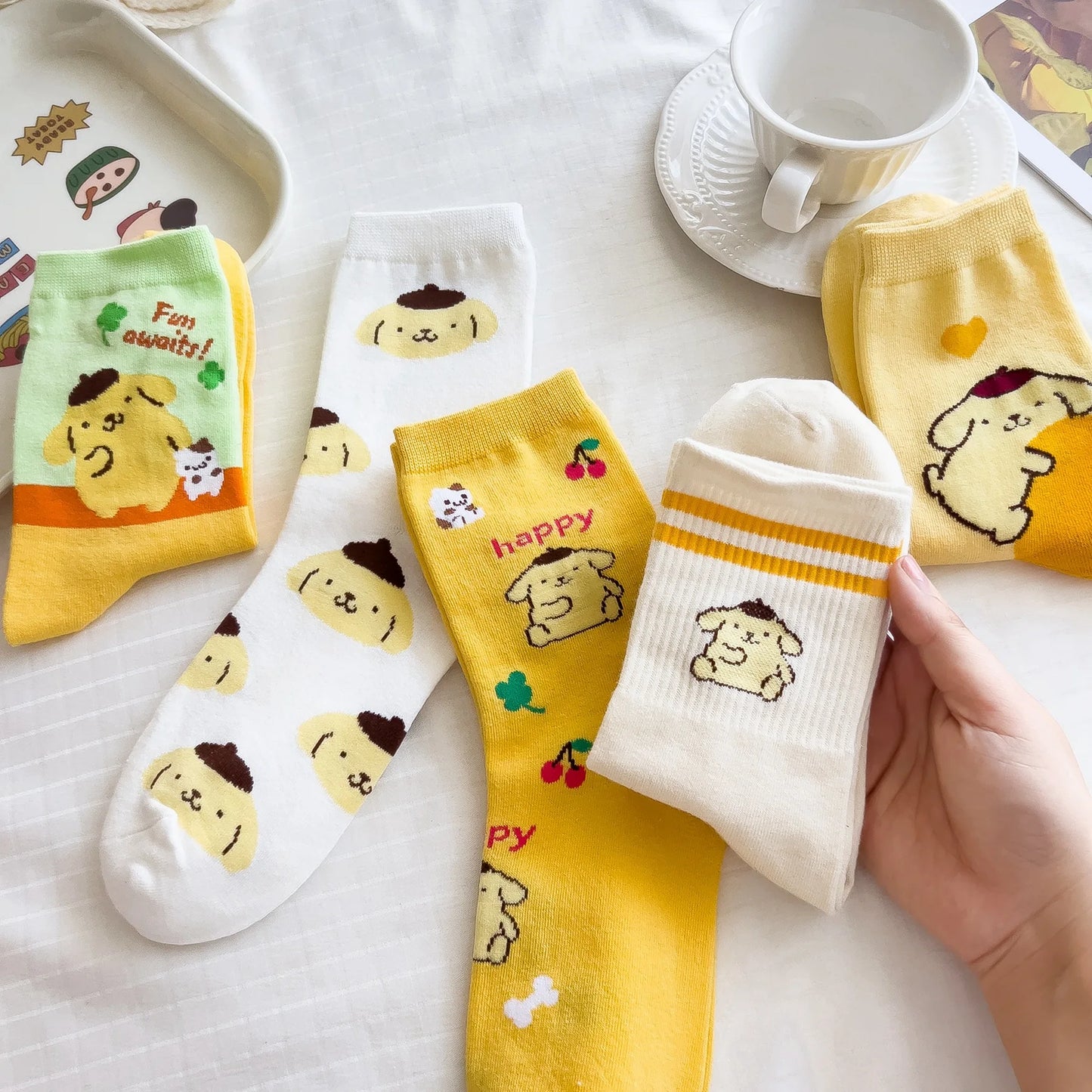 Sanrio Mymelody Cinnamoroll Pom Pom Purin Mid Length Socks Ins Breathable Minimal Design Leisure Sports Socks Girls Gifts Lovely