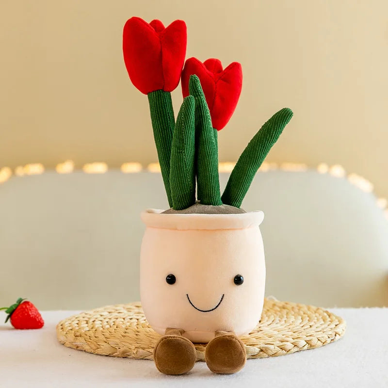 Lifelike Tulip Succulent Plants Plush Stuffed Decoration Toy Soft Decor Doll Potted Flowers Pillow for Girls Gift