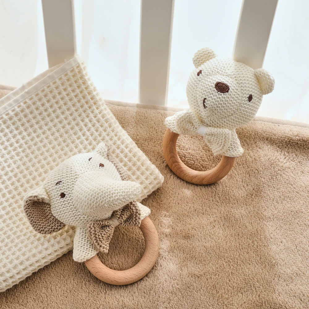 Baby Rattle Toys Cute Bear Crochet Animal Toys Cartoon Wooden Teether Baby Mobile Crib Product Wooden Newborn Rattle Toys