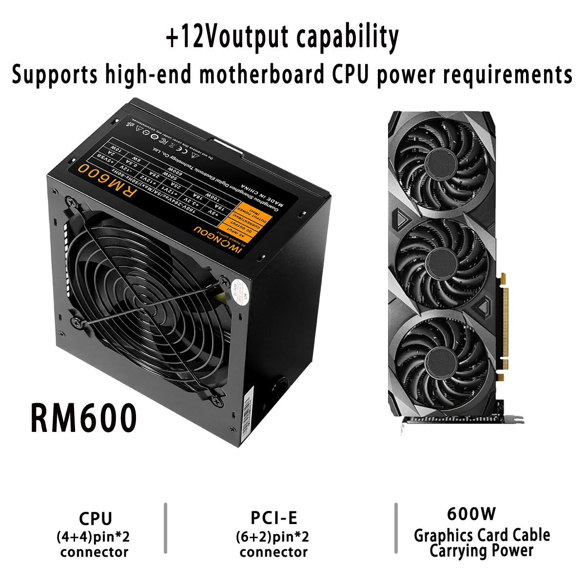 IWONGOU PC Power Supply Unit 500W 600W 750W Black Gaming Quiet 120MM 24pin 12V ATX Desktop Computer Power Supply for BTC