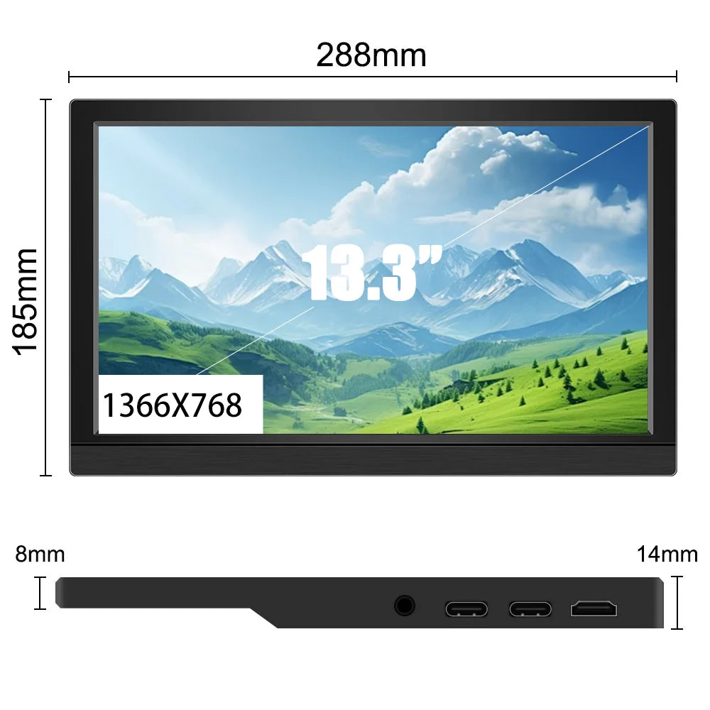 Protable Monitor 11.6/13.3 Inch 1366x768 60Hz Secondary Monitor With Hidden Bracket Compatible HDMI for Laptop Computer Display