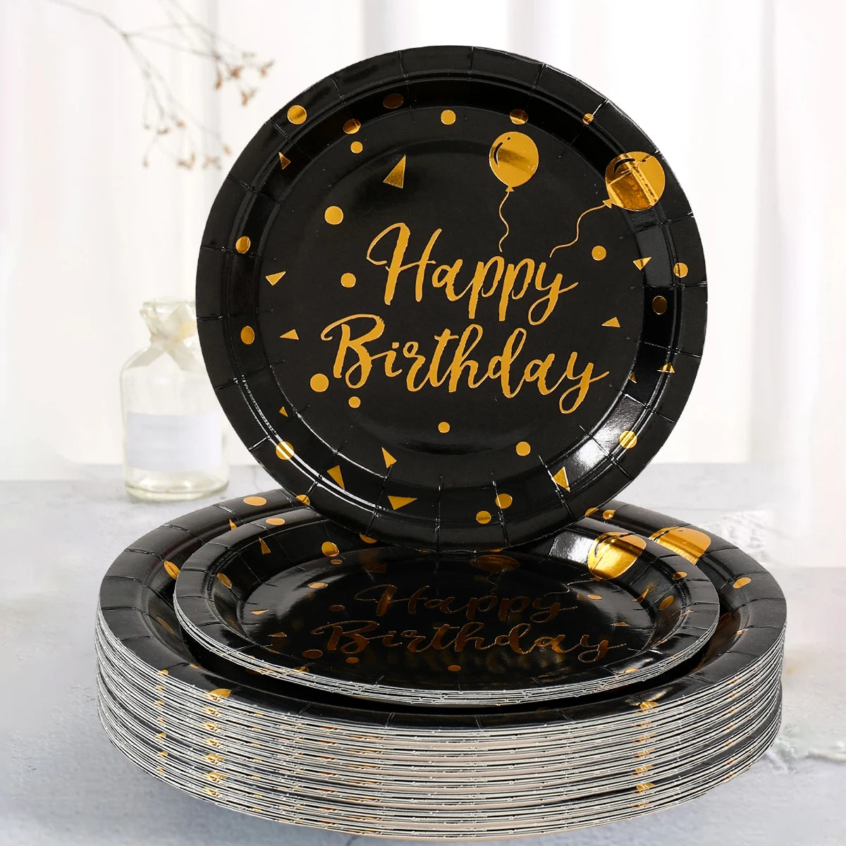 Happy Birthday Black Gold Disposable Tableware Birthday Party Decoration Adult Birthday Anniversary Supplies Paper Plate Napkins