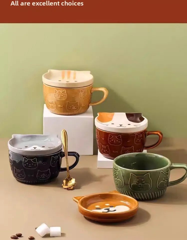 Japanese Sle Cerc Couple Mugs with Lid Dog And  Design Breakfast Cups Hand-Painted Animal Patterns 350ml Capaci
