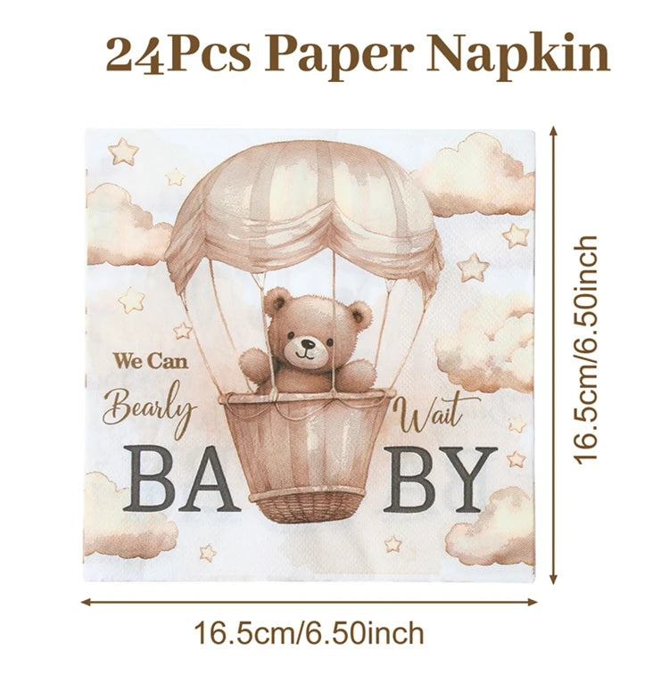 20/24pcs Disposable Tableware Brown Teddy Bear Balloon Paper Napkin Happy Birthday Party Decor Kid Boy Girl Baby Shower Supplies
