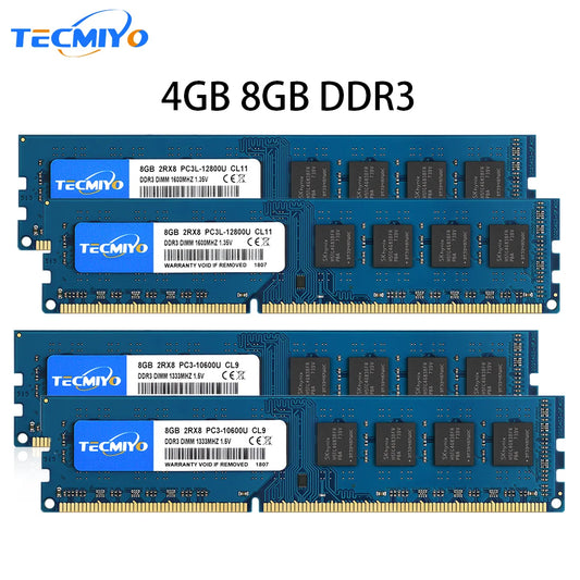 TECMIYO 4GB 8GB Desktop Memoria Ram DDR3 DDR3L 1600MHz 1333MHz PC3-12800U PC3-10600 DIMM 1.5V 1.35V 2RX8 Non-ECC Memory - Blue