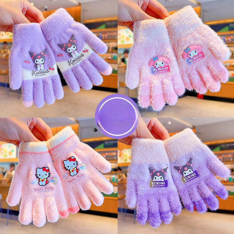 Sanrio Gloves Kawaii My Melody Kuromi Cold-Proof Winter Finger Gloves Plush Screen Touch Warm Children Toddler Christmas Gifts