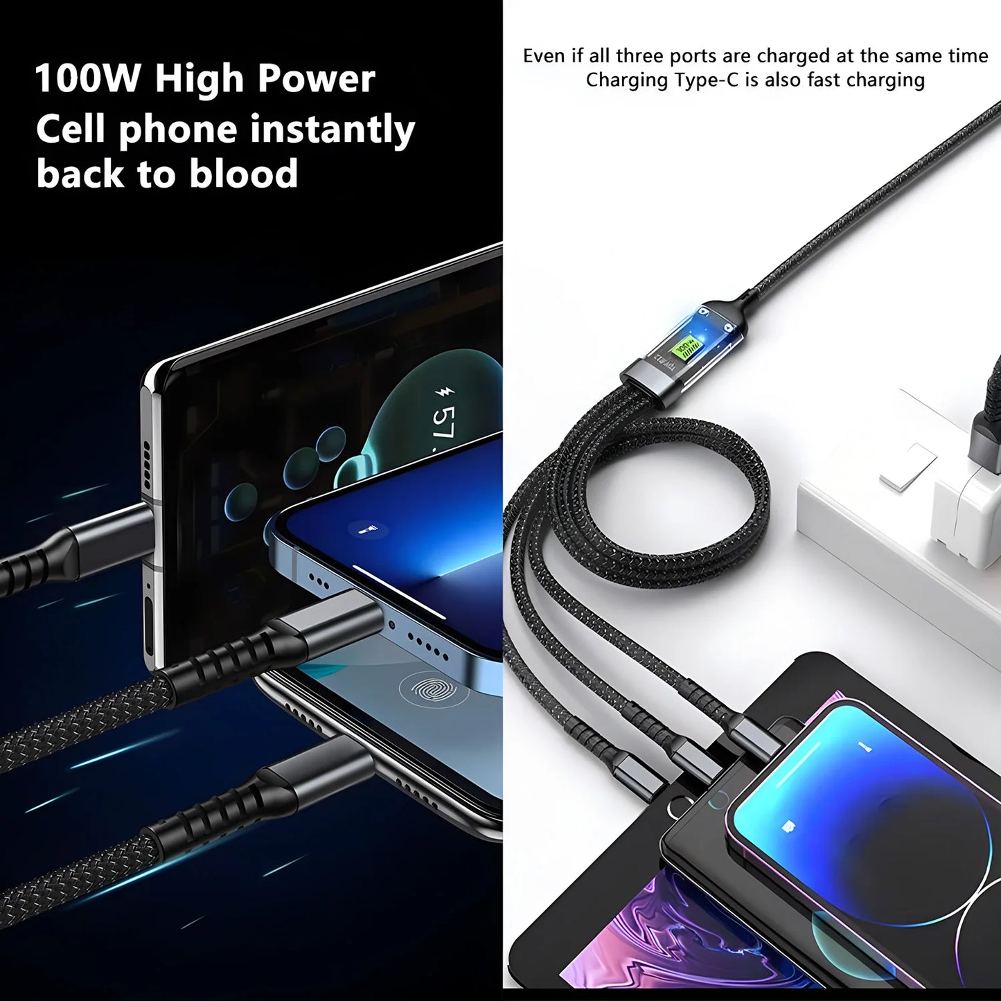 Transparent LED Light Fast Charge 100w 3 In 1 Data Cable Mobile Phone Charging 1.2M Cable For Type-c Android