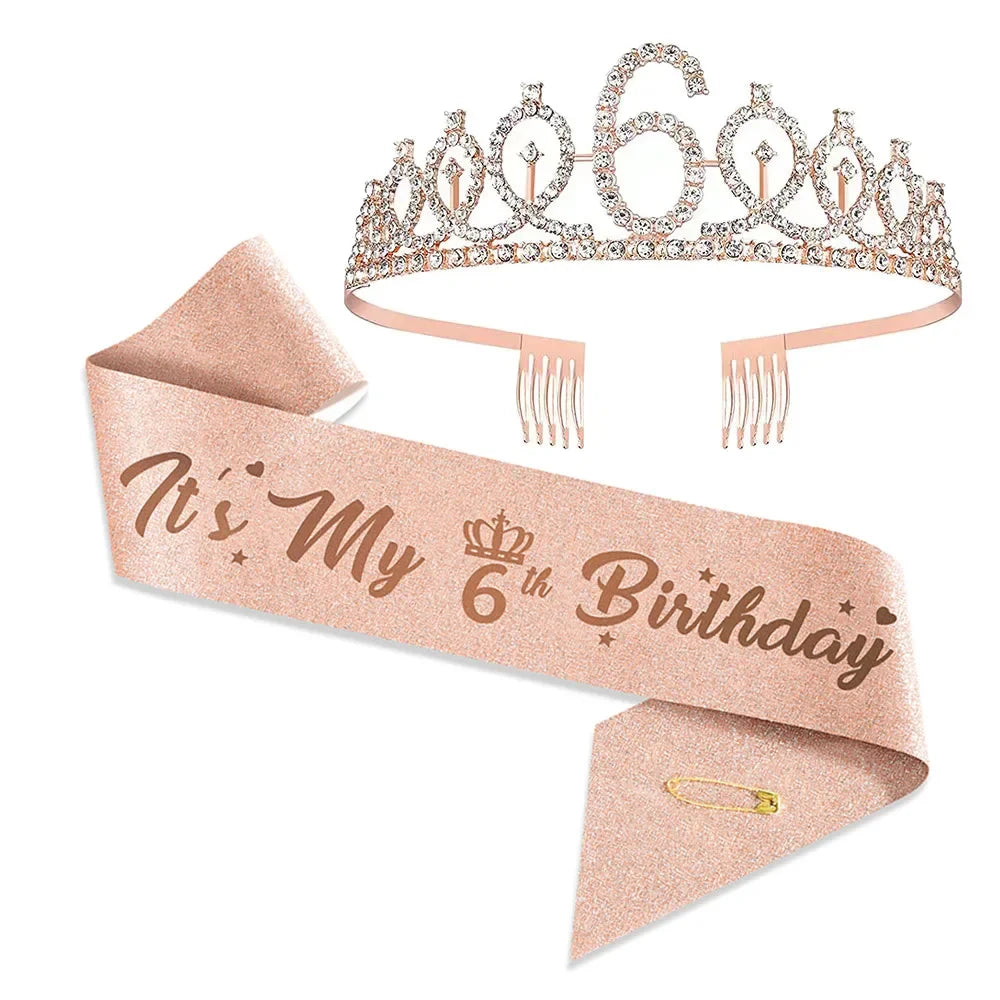 3 4 5 6 7 8 9 Rhinestone Crystal Crown Tiara Birthday Anniversary Decoration Happy Birthday Satin Sash Party Supplies