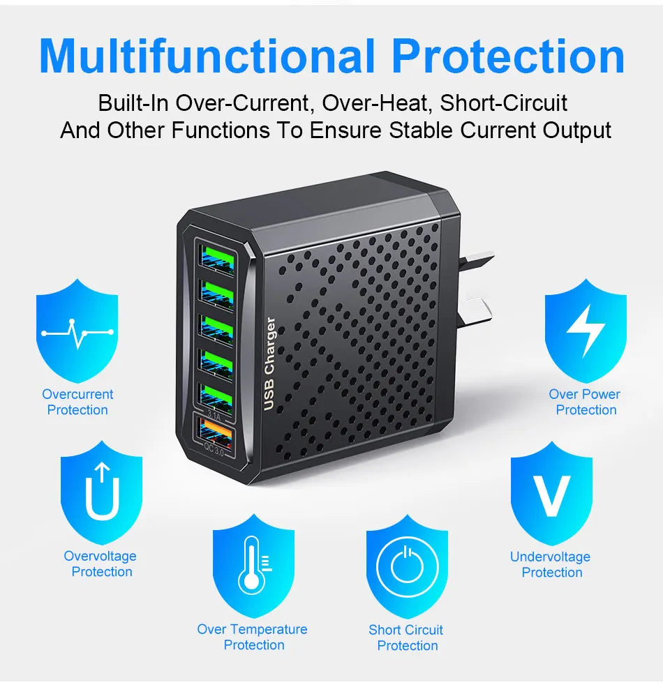 AU Plug Fast Charger 6 IN 1 6 Ports Multii Charger USB Fast Charging Charger 3.1A QC3.0 Quick Charger Adaper Australian Charger