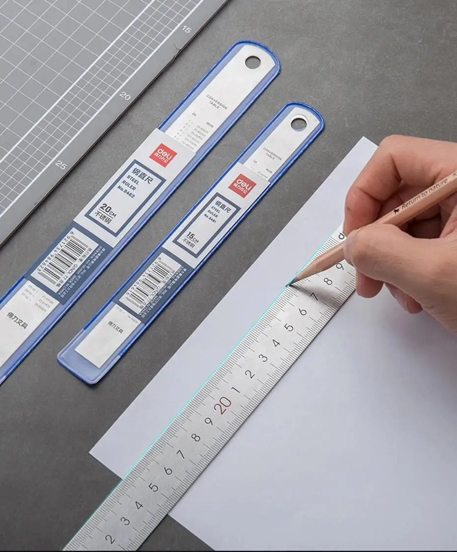 Deli Stainless Steel Ruler 15/20/30cm Metal Straight Ruler for Home School Precision Measuring Drawing Tool Supplies
