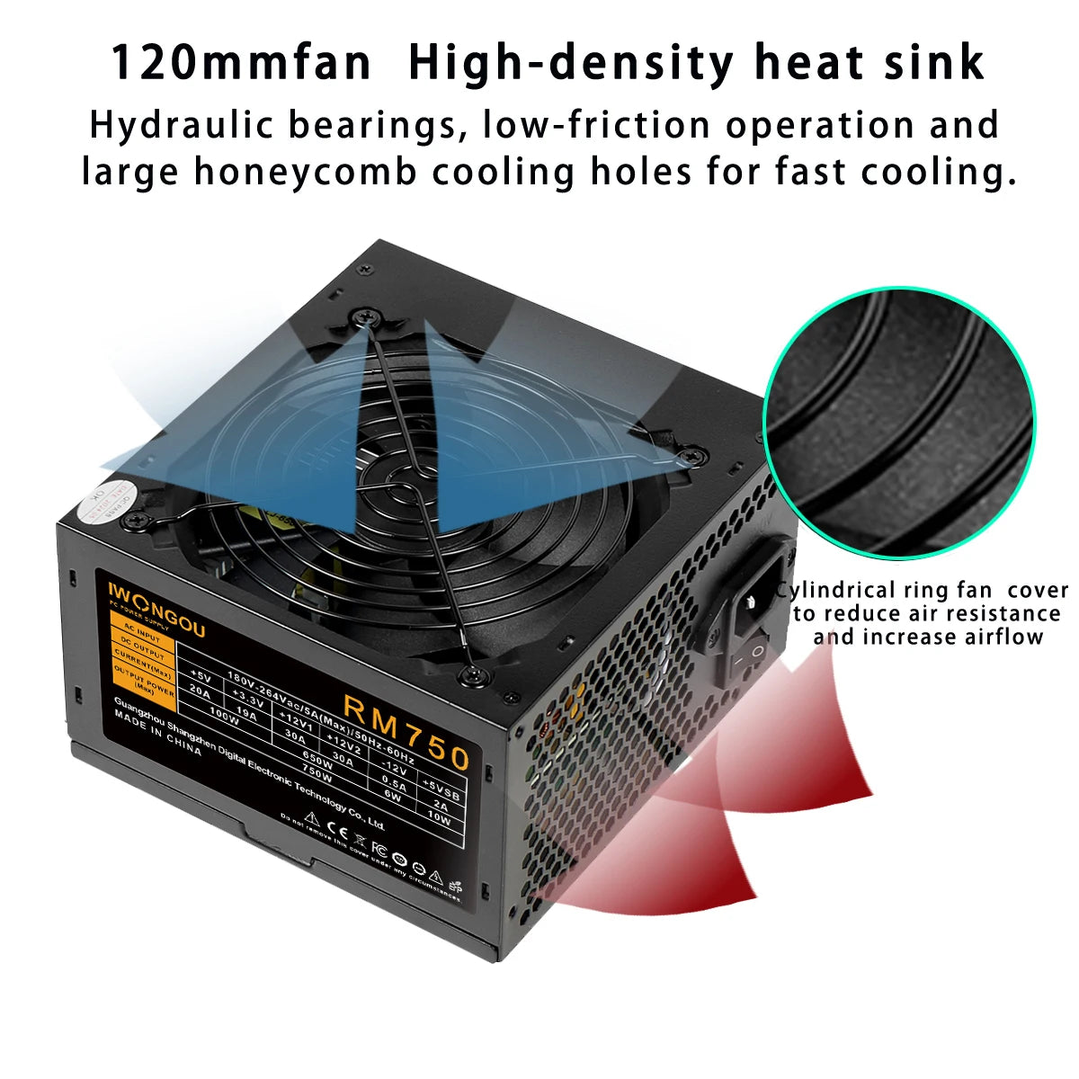IWONGOU PC Power Supply Unit 500W 600W 750W Black Gaming Quiet 120MM 24pin 12V ATX Desktop Computer Power Supply for BTC