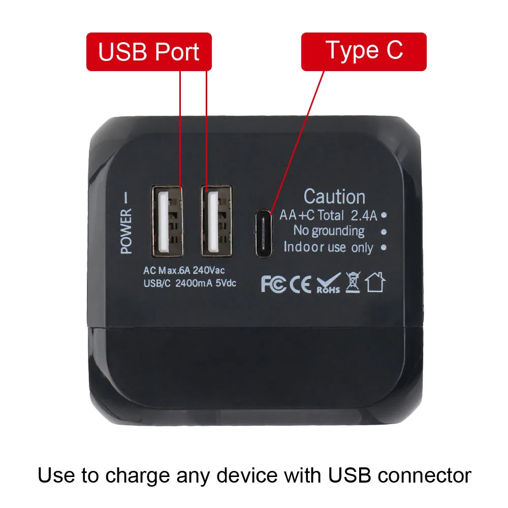All-in-one Wall Charger  Travel Adapter 6A US EU UK AU plug Travel Charger with 2 USB Port and 1 Type C Universal