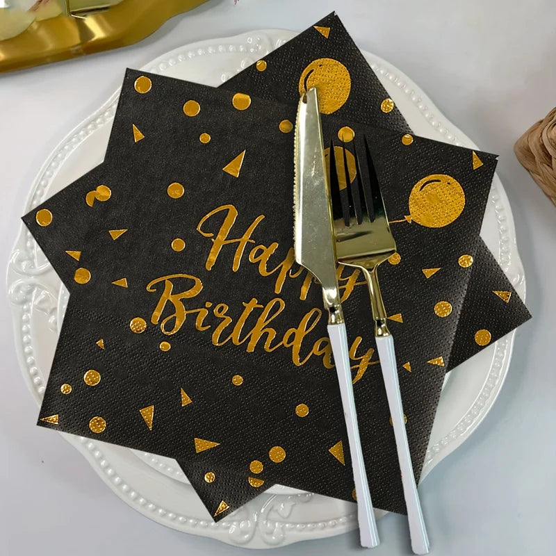 Happy Birthday Black Gold Disposable Tableware Birthday Party Decoration Adult Birthday Anniversary Supplies Paper Plate Napkins