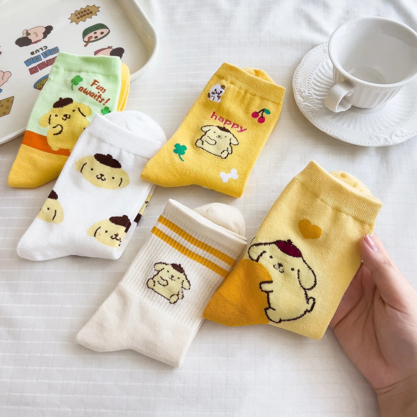 Sanrio Mymelody Cinnamoroll Pom Pom Purin Mid Length Socks Ins Breathable Minimal Design Leisure Sports Socks Girls Gifts Lovely