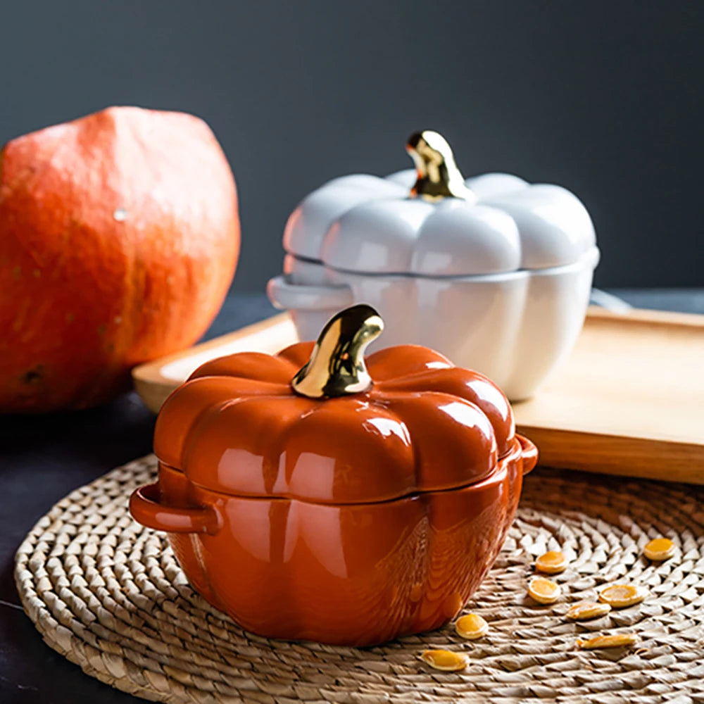 Pumpkin Shape Bowl With Lid Ceramic Soup Salad Cereal Bowl Bakeware Oven Baking Pan Kitchen Halloween Party Festival Decoration