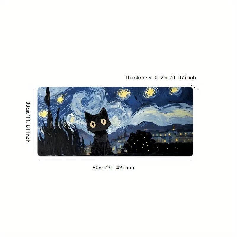 Starry Night mouse pad with cute black cat, study and office use, office accessories, rectangular workstation pad - durable, wat