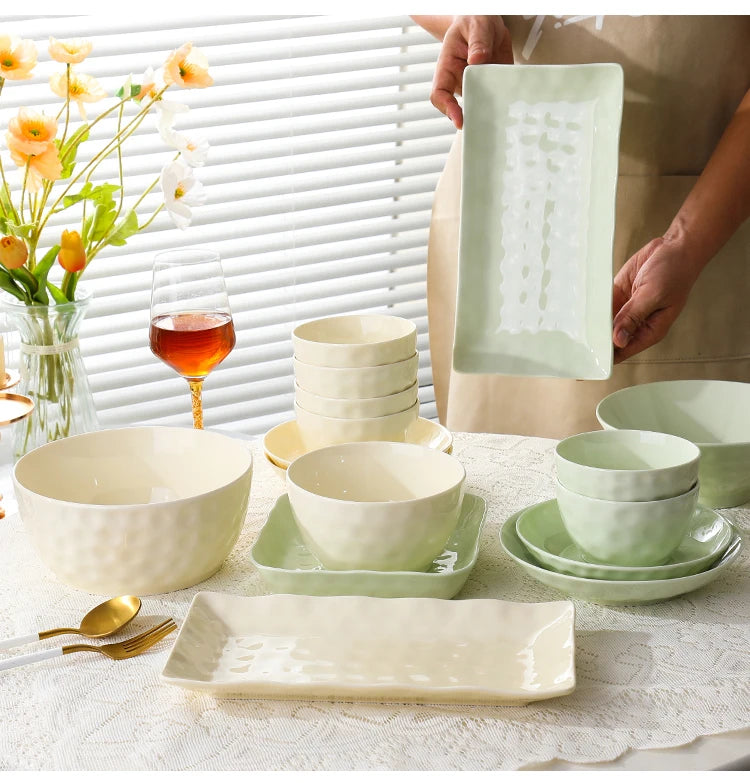 Household Solid Ceramic Rice Bowls 4.5 inch New Soup Tableware Cream Style Green Creative Underglaze Colour Instant Noodles Bowl