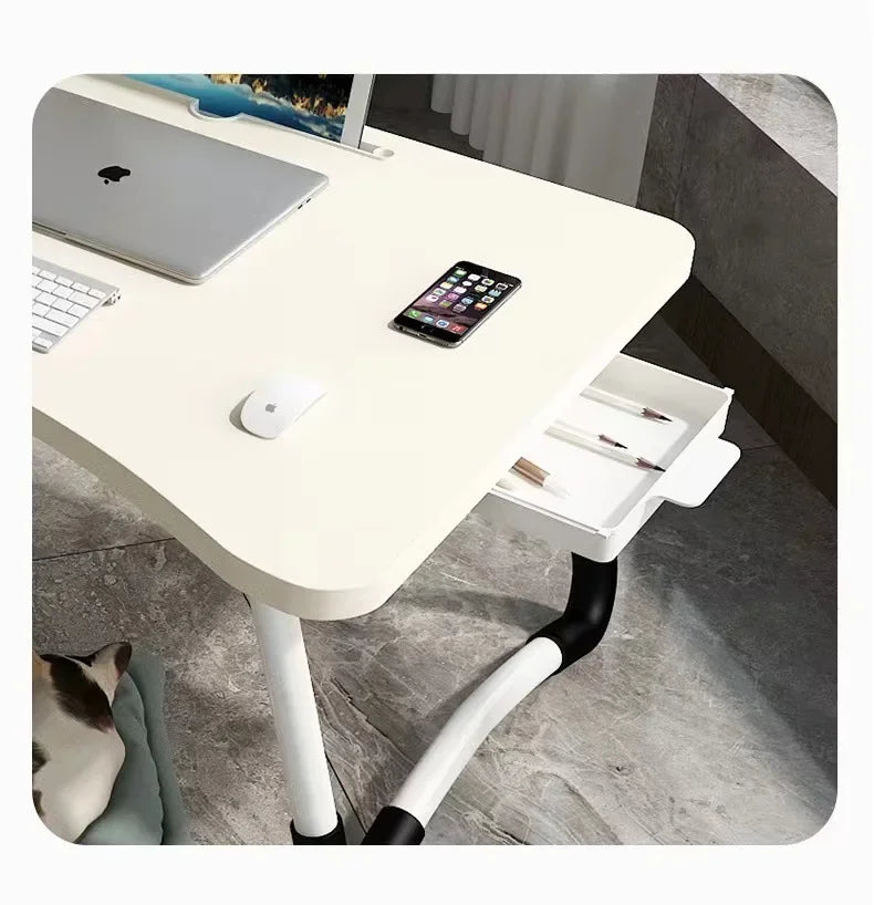 Foldable Laptop Table for Bed & Office Study Portable Black Brushed Modern Simple Design with Drawers Lazy Folding Desk