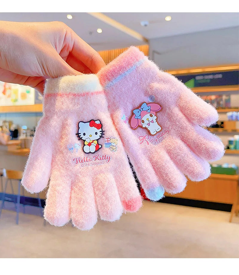 Sanrio Gloves Kawaii My Melody Kuromi Cold-Proof Winter Finger Gloves Plush Screen Touch Warm Children Toddler Christmas Gifts