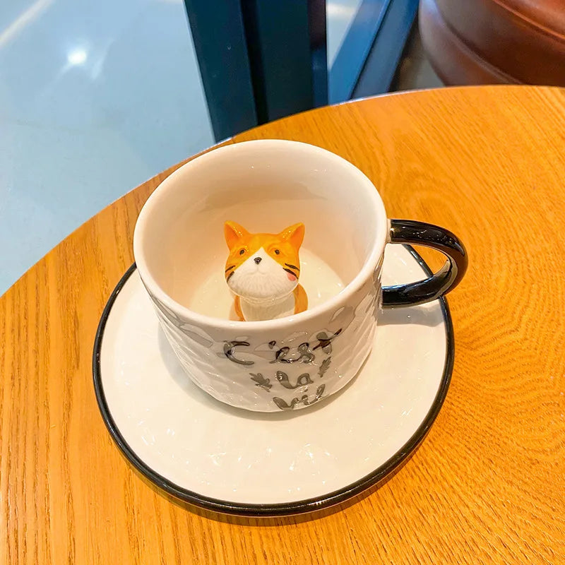 Creative Cartoon Relief Ceramic Cup Animal Inside Mug Kitty Cat Coffee Cup Milk Coffee Mug with Tray