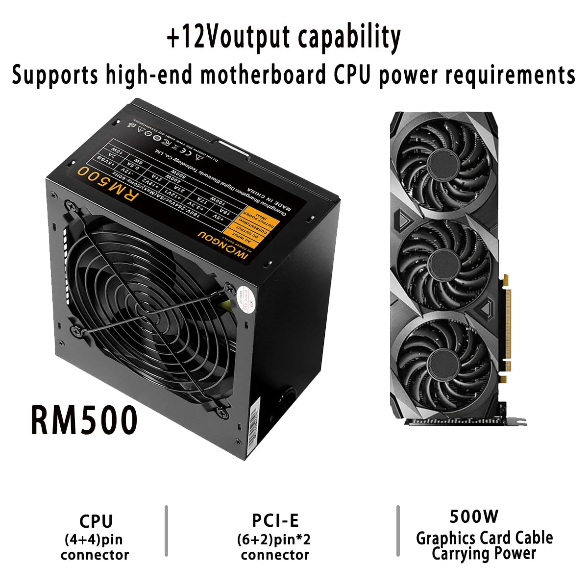 IWONGOU PC Power Supply Unit 500W 600W 750W Black Gaming Quiet 120MM 24pin 12V ATX Desktop Computer Power Supply for BTC