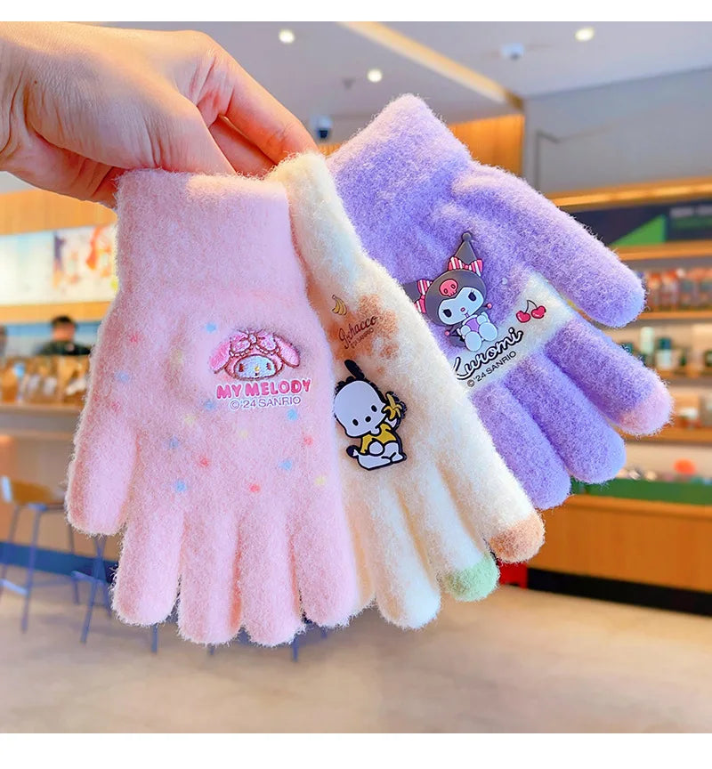 Sanrio Gloves Kawaii My Melody Kuromi Cold-Proof Winter Finger Gloves Plush Screen Touch Warm Children Toddler Christmas Gifts