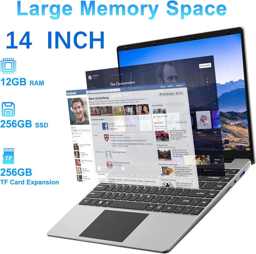 14 Inch  Windows 11 Computer Laptop PC 12GB LPDDR4 RAM 256GB SSD ROM  4-Core Processor WIFI 1080p FHD IPS Screen with Celeron