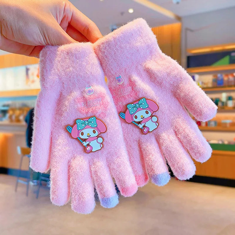 Sanrio Gloves Kawaii My Melody Kuromi Cold-Proof Winter Finger Gloves Plush Screen Touch Warm Children Toddler Christmas Gifts