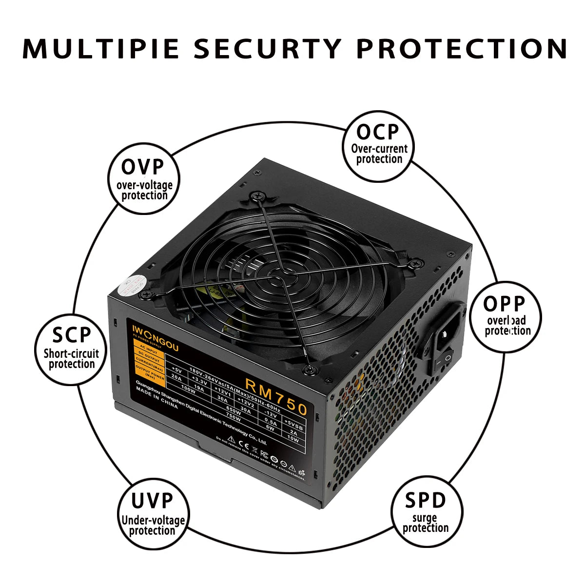 IWONGOU PC Power Supply Unit 500W 600W 750W Black Gaming Quiet 120MM 24pin 12V ATX Desktop Computer Power Supply for BTC