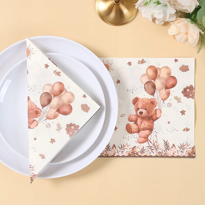 20/24pcs Disposable Tableware Brown Teddy Bear Balloon Paper Napkin Happy Birthday Party Decor Kid Boy Girl Baby Shower Supplies