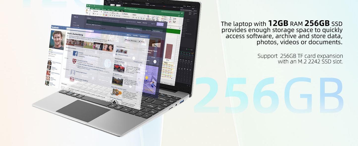 14 Inch  Windows 11 Computer Laptop PC 12GB LPDDR4 RAM 256GB SSD ROM  4-Core Processor WIFI 1080p FHD IPS Screen with Celeron