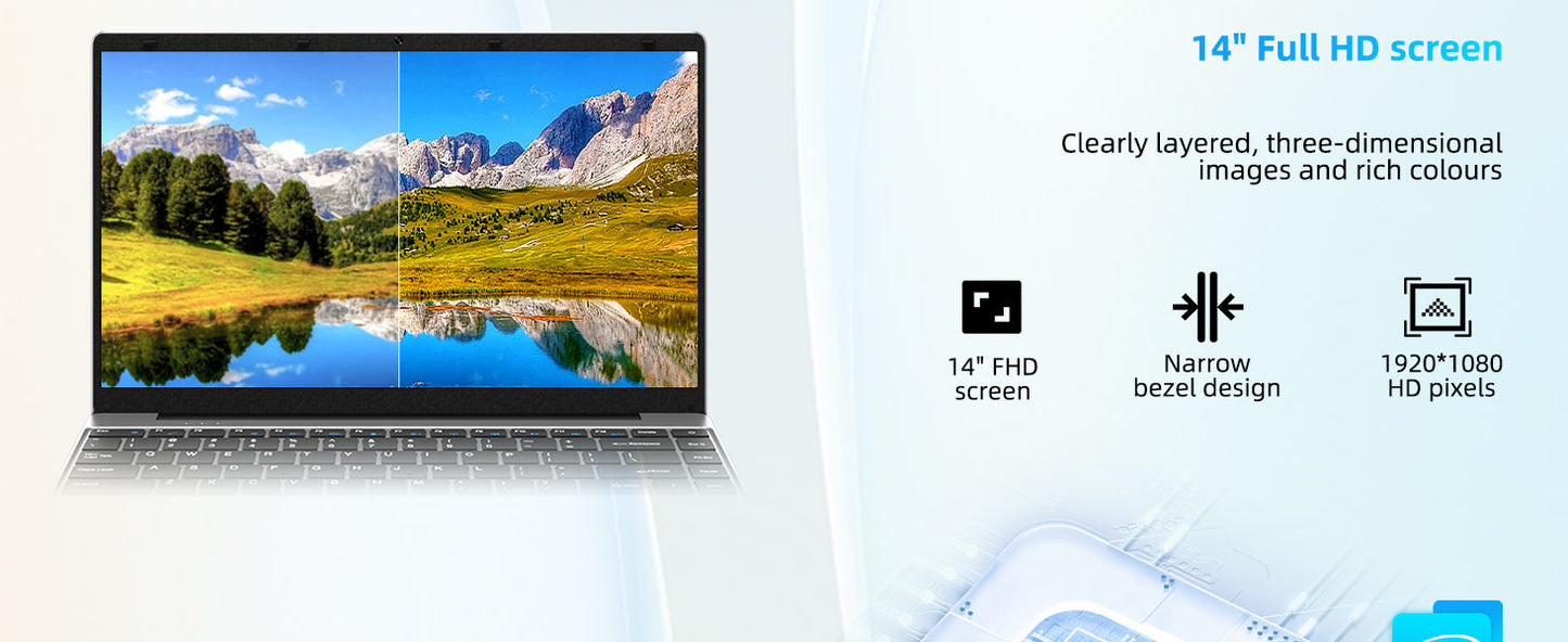 14 Inch  Windows 11 Computer Laptop PC 12GB LPDDR4 RAM 256GB SSD ROM  4-Core Processor WIFI 1080p FHD IPS Screen with Celeron
