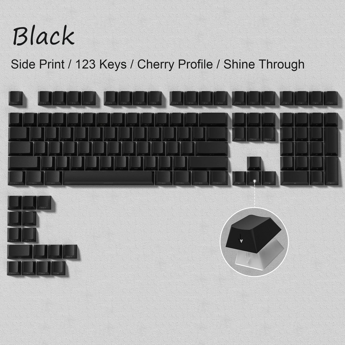 136 Key Black White Side-lit Shine Through Backlit keycaps PBT Double Shot Keycaps OEM Profile for MX Switch Mechanical Keyboard